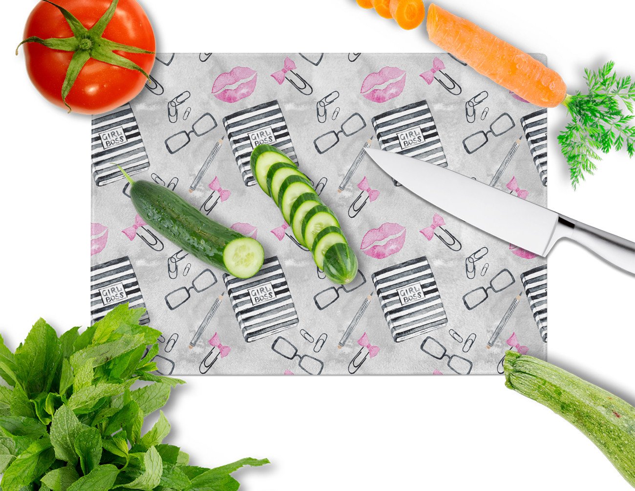 Watercolor Girl Boss Journaling Cutting Board Tempered Glass Kitchen Cutting Surface, Heat Resistant Chopping, Non-Slip Feet, Food Prep & Serving