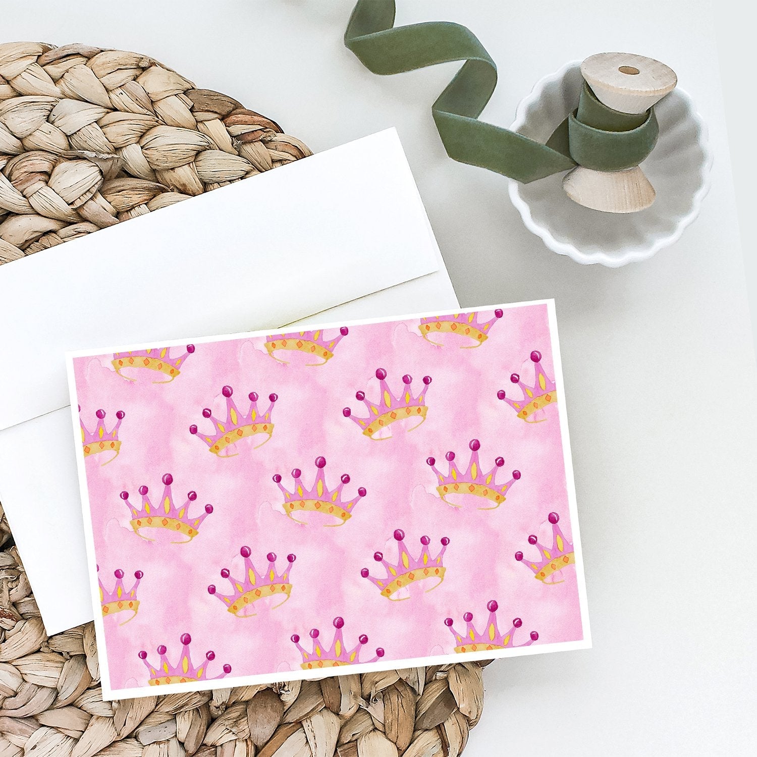 Watercolor Princess Crown on Pink Greeting Cards Pack of 8 Blank Cards with Envelopes Whimsical A7 Size 5x7