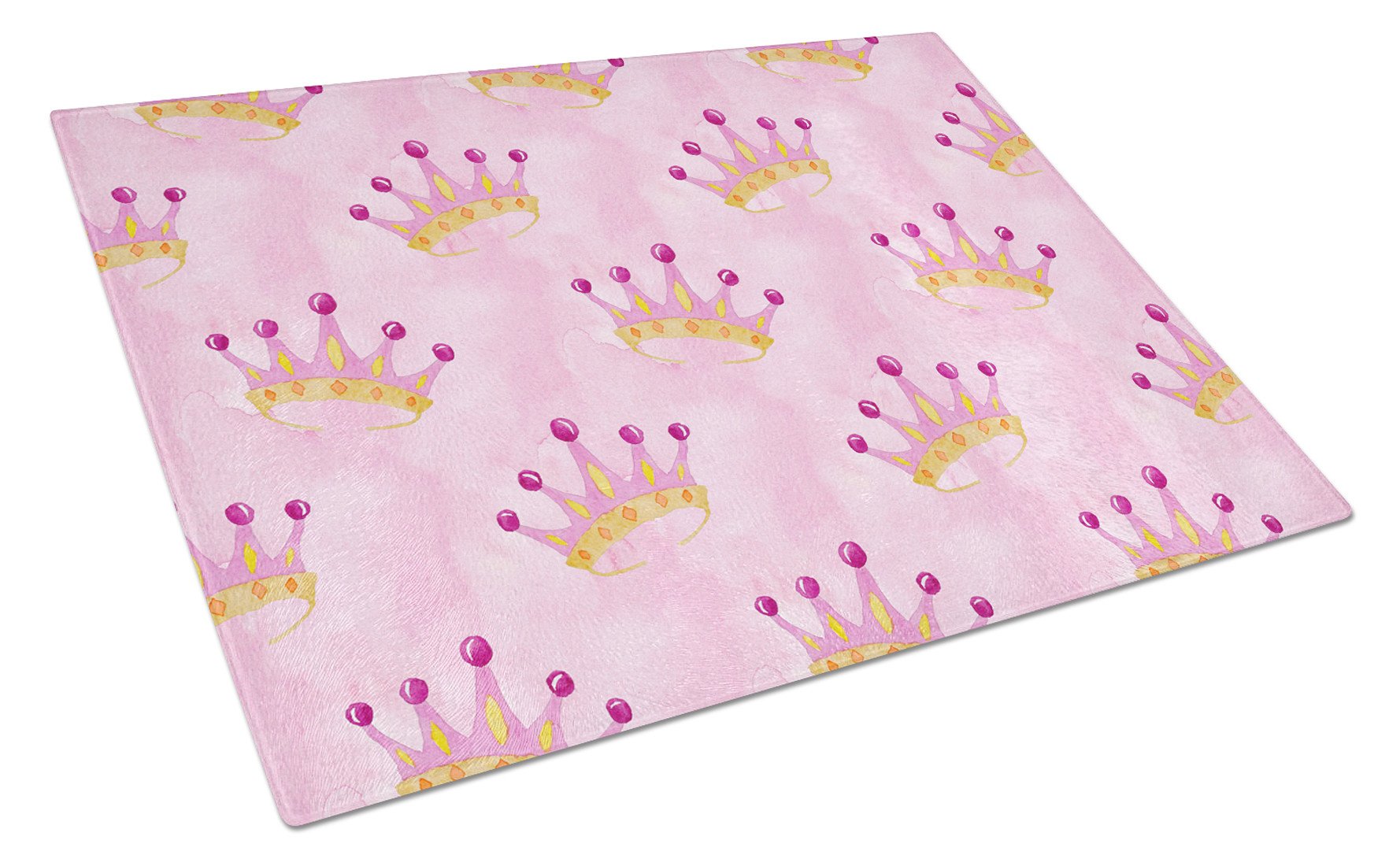 Watercolor Princess Crown on Pink Cutting Board Tempered Glass Kitchen Cutting Surface, Heat Resistant Chopping, Non-Slip Feet, Food Prep & Serving