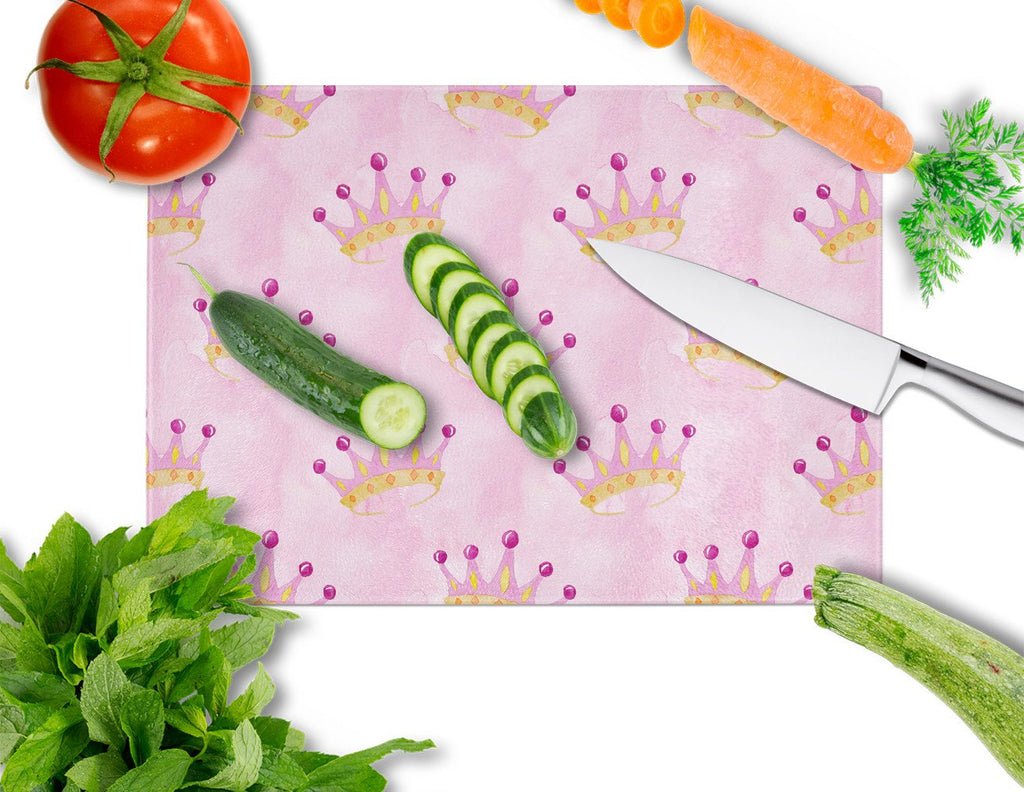 Watercolor Princess Crown on Pink Cutting Board Tempered Glass Kitchen Cutting Surface, Heat Resistant Chopping, Non-Slip Feet, Food Prep & Serving