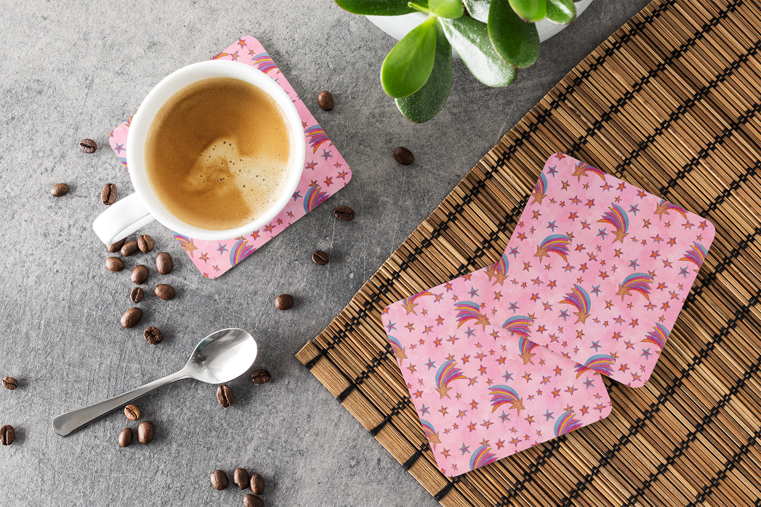 Watercolor Shooting Stars on Pink Foam Coasters Set of 4 Cup Coasters for Indoor Outdoor, Tabletop Protection, Anti Slip, Mouse pad Material