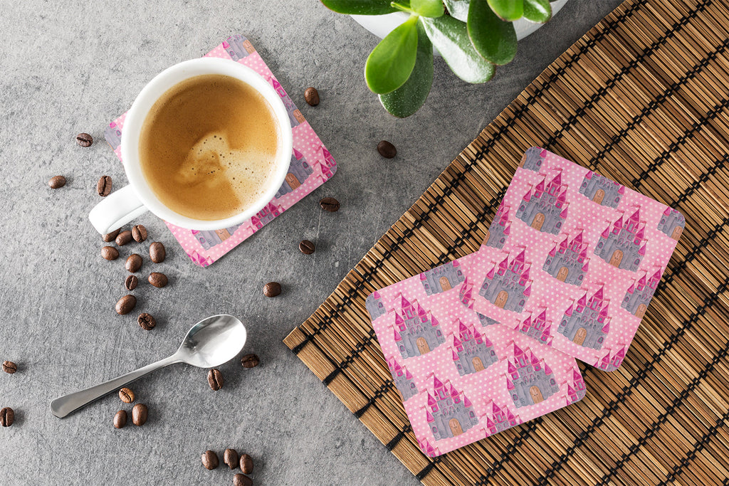 Watercolor Princess Castle Foam Coasters Set of 4 Cup Coasters for Indoor Outdoor, Tabletop Protection, Anti Slip, Mouse pad Material