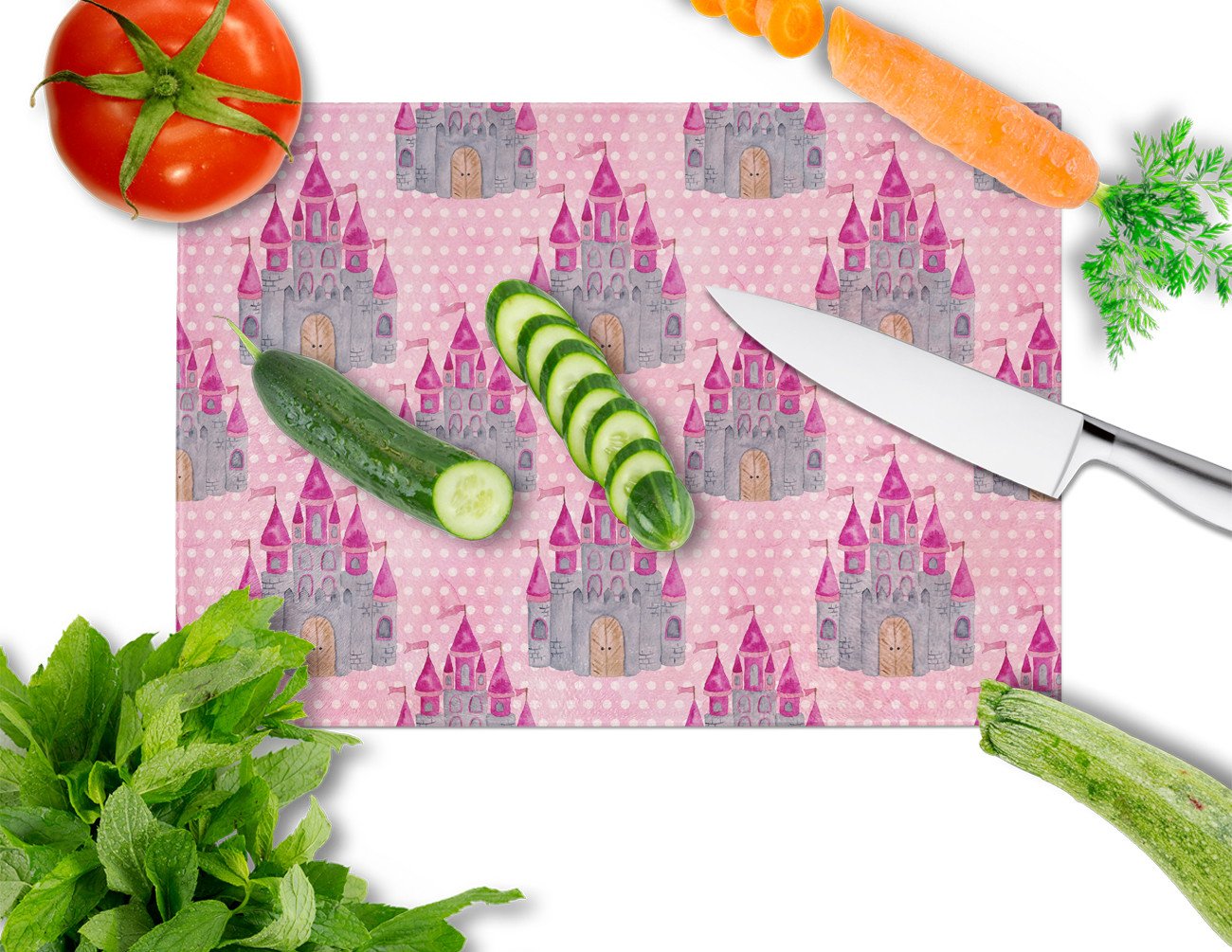 Watercolor Princess Castle Cutting Board Tempered Glass Kitchen Cutting Surface, Heat Resistant Chopping, Non-Slip Feet, Food Prep & Serving