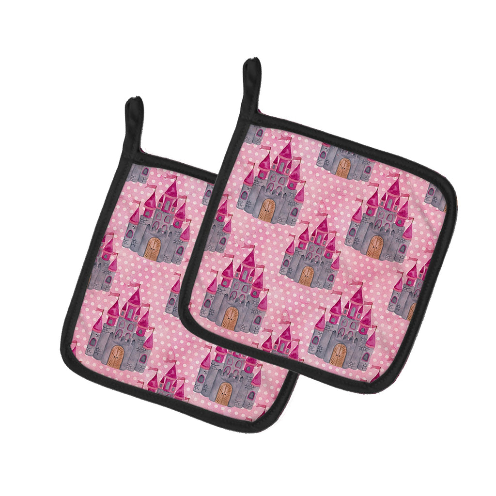 Watercolor Princess Castle Pot Holder Set of 2 Heat Resistant Quilted Hot Pads 7.5 x 7.5 Inch, Insulated Kitchen Trivets for Cooking & Baking