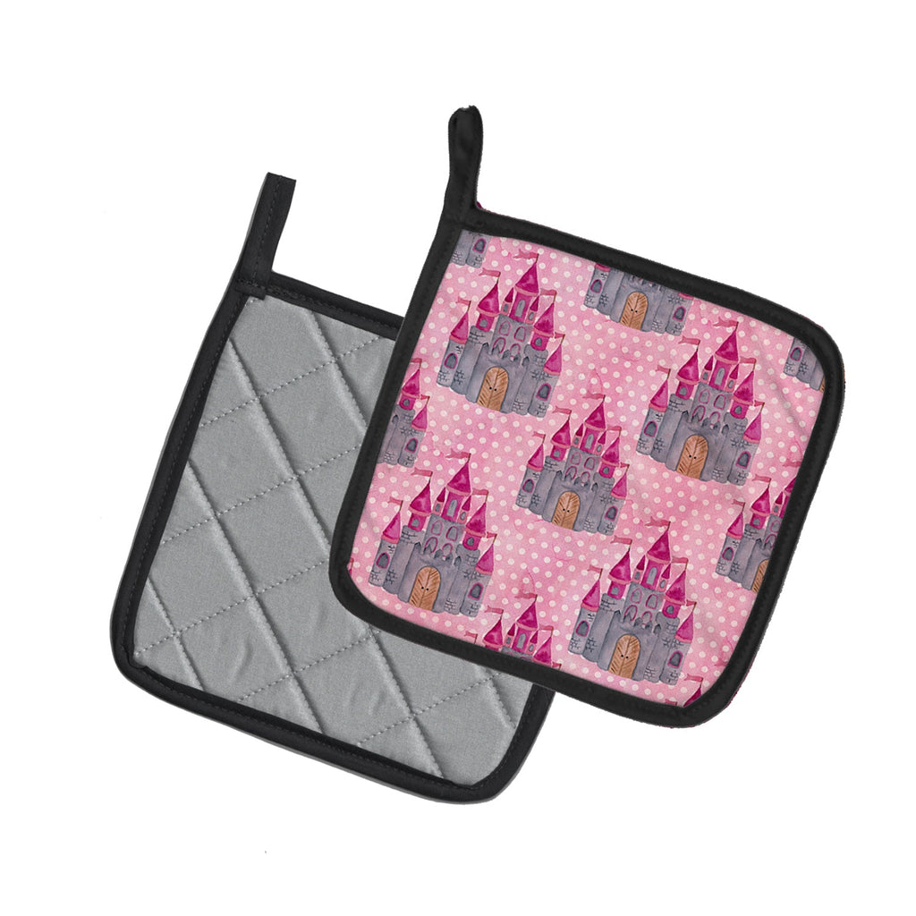 Watercolor Princess Castle Pot Holder Set of 2 Heat Resistant Quilted Hot Pads 7.5 x 7.5 Inch, Insulated Kitchen Trivets for Cooking & Baking