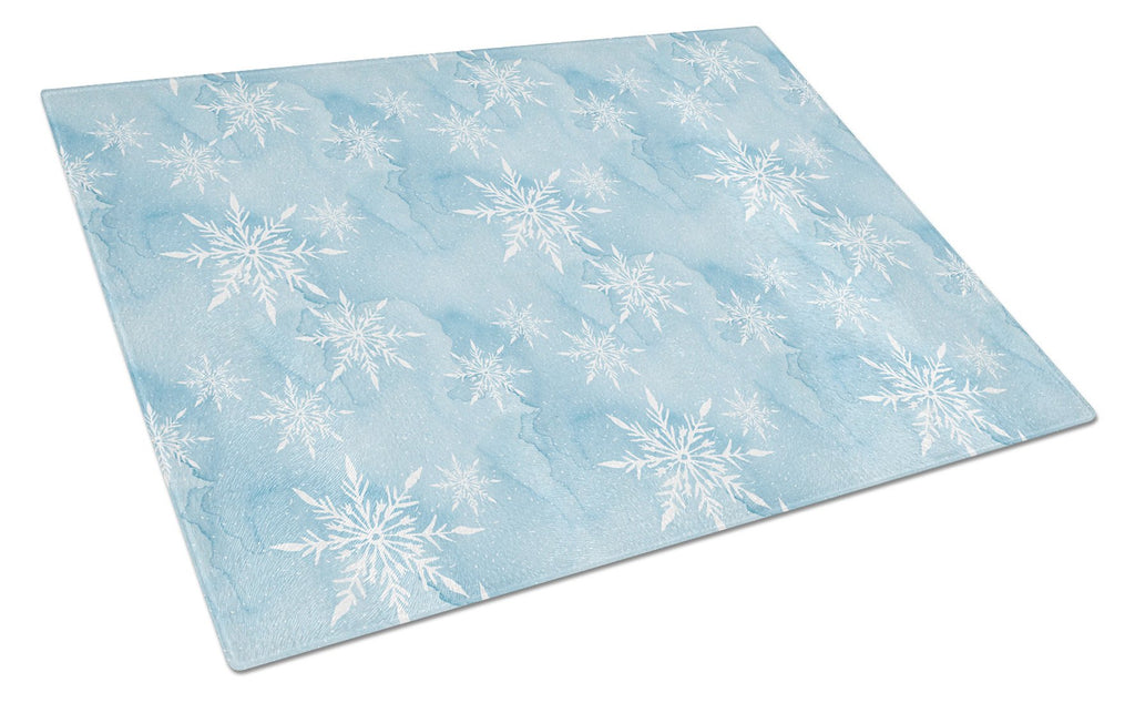Watercolor Snowflake on Light Blue Cutting Board Tempered Glass Kitchen Cutting Surface, Heat Resistant Chopping, Non-Slip Feet, Food Prep & Serving