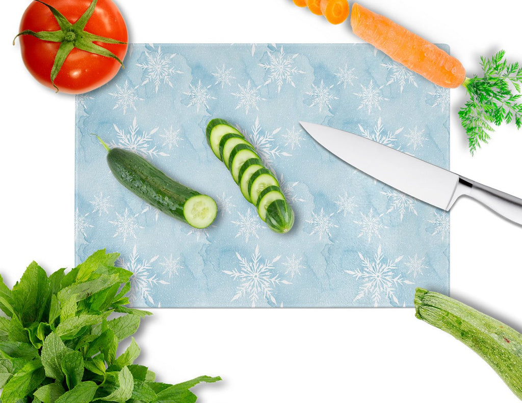 Watercolor Snowflake on Light Blue Cutting Board Tempered Glass Kitchen Cutting Surface, Heat Resistant Chopping, Non-Slip Feet, Food Prep & Serving