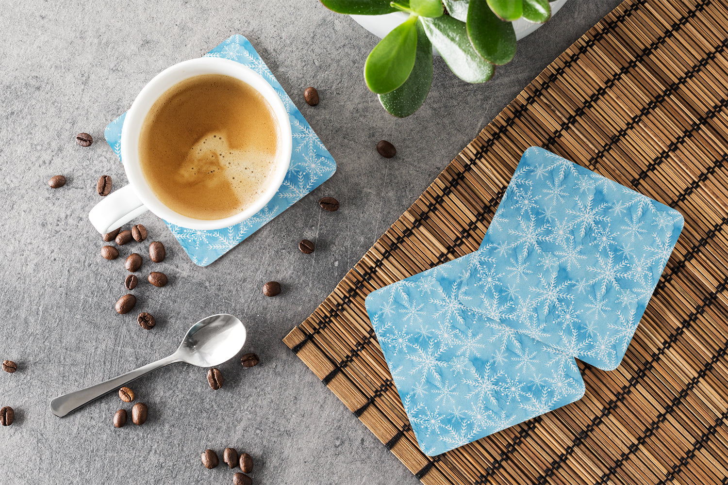 Watercolor Snowflake on Blue Foam Coasters Set of 4 Cup Coasters for Indoor Outdoor, Tabletop Protection, Anti Slip, Mouse pad Material