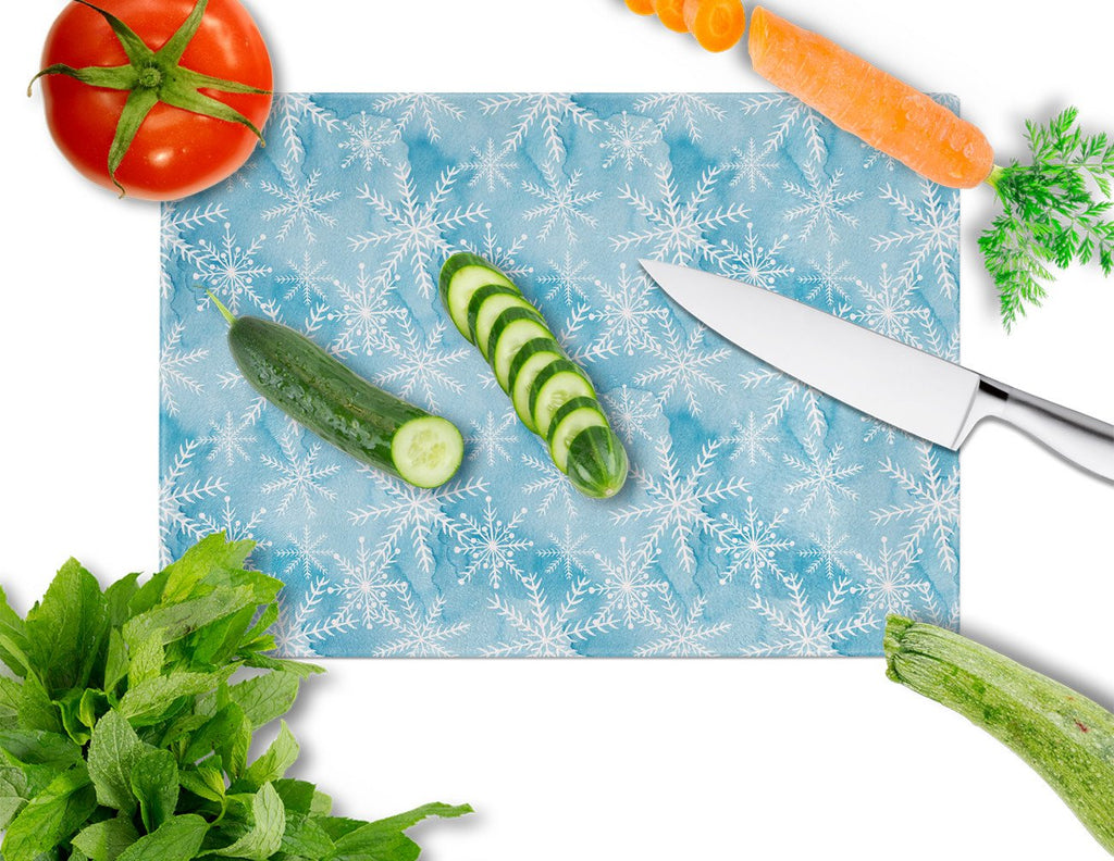 Watercolor Snowflake on Blue Cutting Board Tempered Glass Kitchen Cutting Surface, Heat Resistant Chopping, Non-Slip Feet, Food Prep & Serving