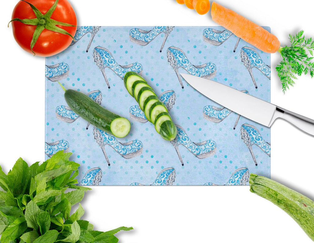 Watercolor Cinderella Shoe in Blue Cutting Board Tempered Glass Kitchen Cutting Surface, Heat Resistant Chopping, Non-Slip Feet, Food Prep & Serving