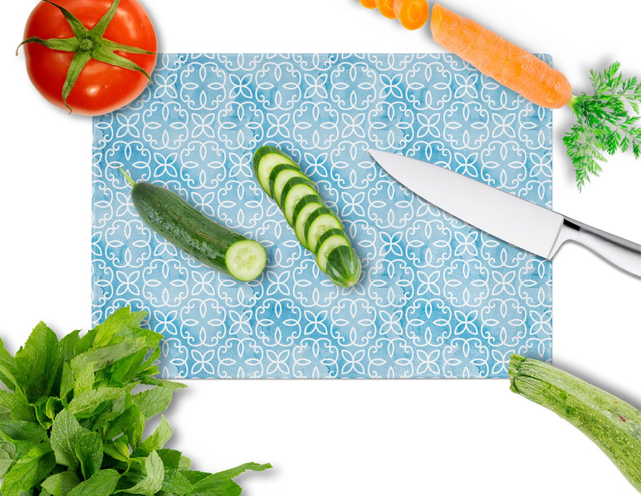 Watercolor Geometric Cirlce on Blue Cutting Board Tempered Glass Kitchen Cutting Surface, Heat Resistant Chopping, Non-Slip Feet, Food Prep & Serving