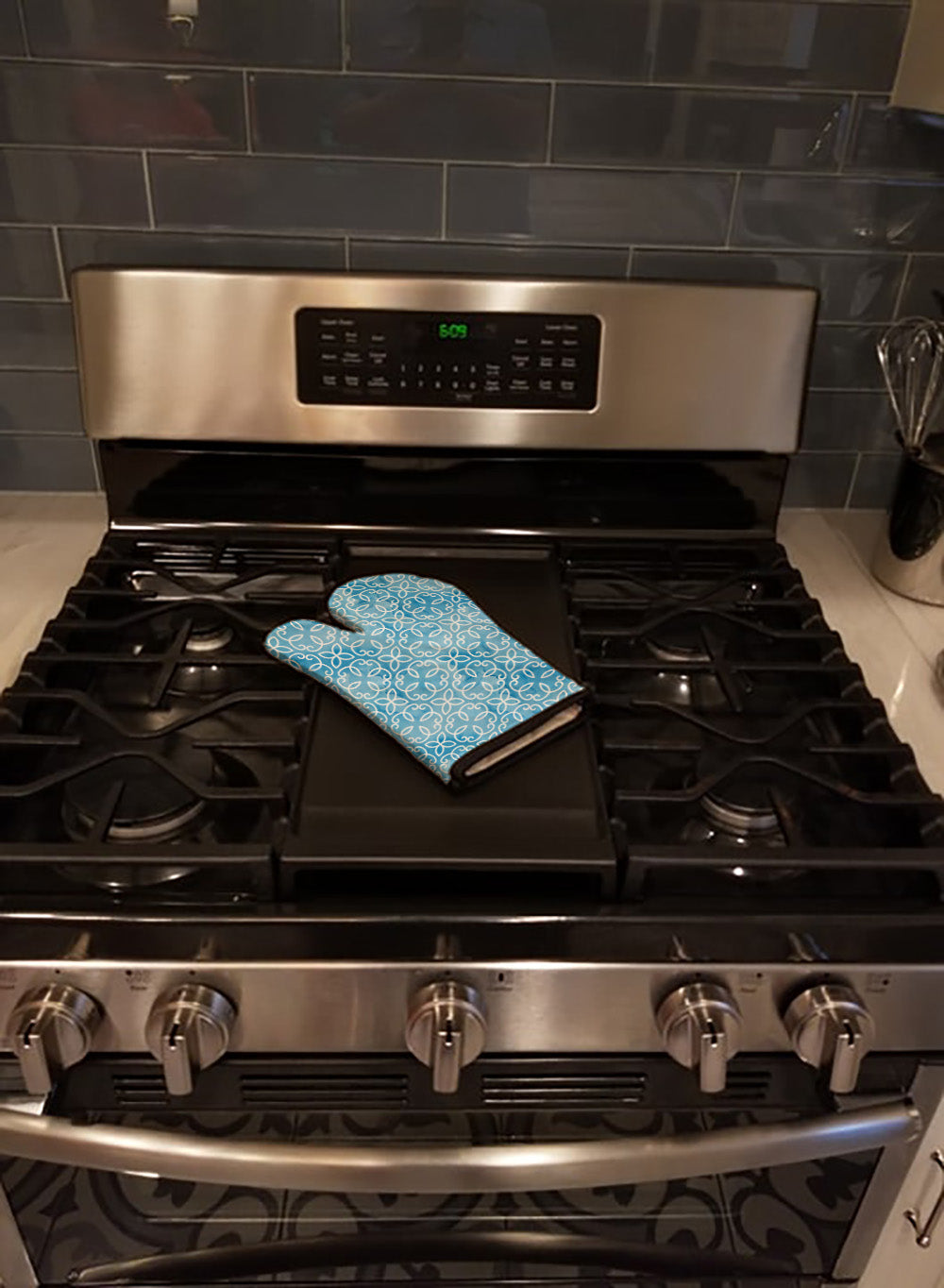 Watercolor Geometric Cirlce on Blue Oven Mitt Heat Resistant Thick Oven Mitt for Hot Pans and Oven, Kitchen Mitt Protect Hands, Cooking Baking Glove