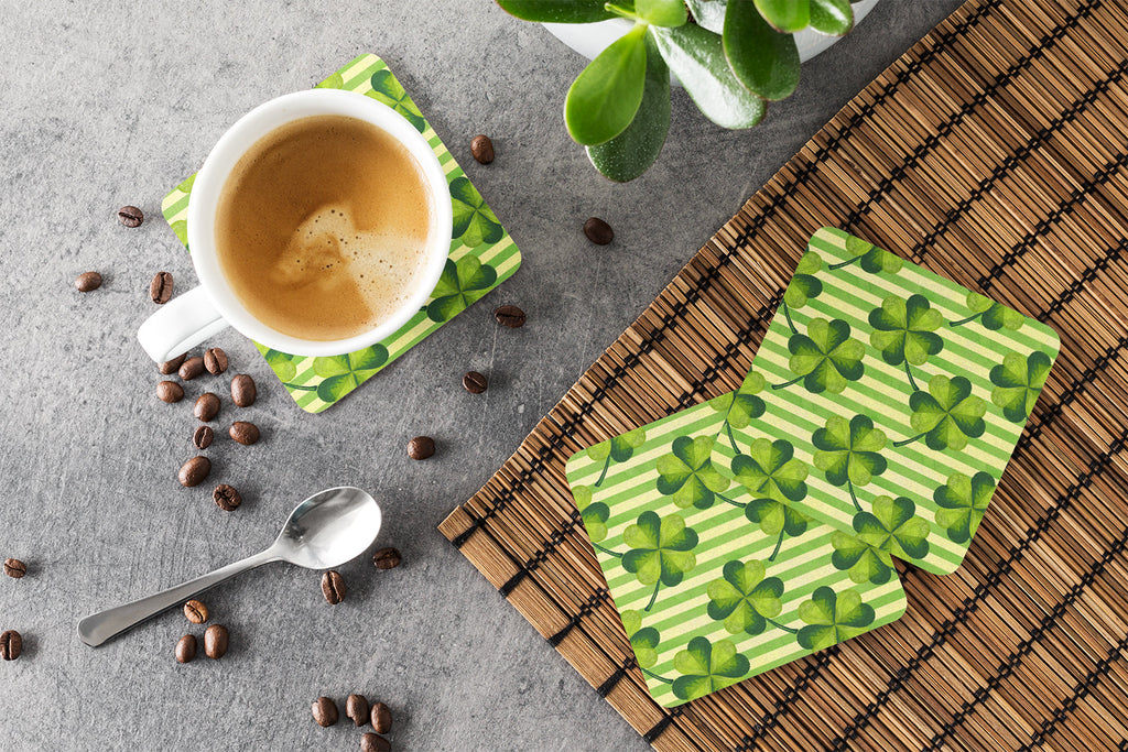 Watercolor Shamrock Stripes Foam Coasters Set of 4 Cup Coasters for Indoor Outdoor, Tabletop Protection, Anti Slip, Mouse pad Material