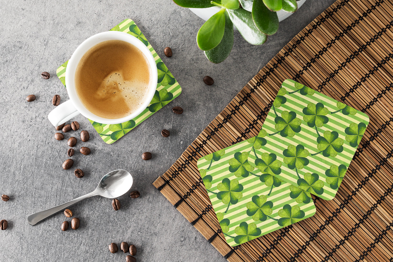 Watercolor Shamrock Stripes Foam Coasters Set of 4 Cup Coasters for Indoor Outdoor, Tabletop Protection, Anti Slip, Mouse pad Material