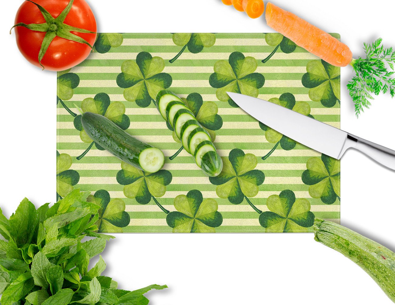 Watercolor Shamrock Stripes Cutting Board Tempered Glass Kitchen Cutting Surface, Heat Resistant Chopping, Non-Slip Feet, Food Prep & Serving