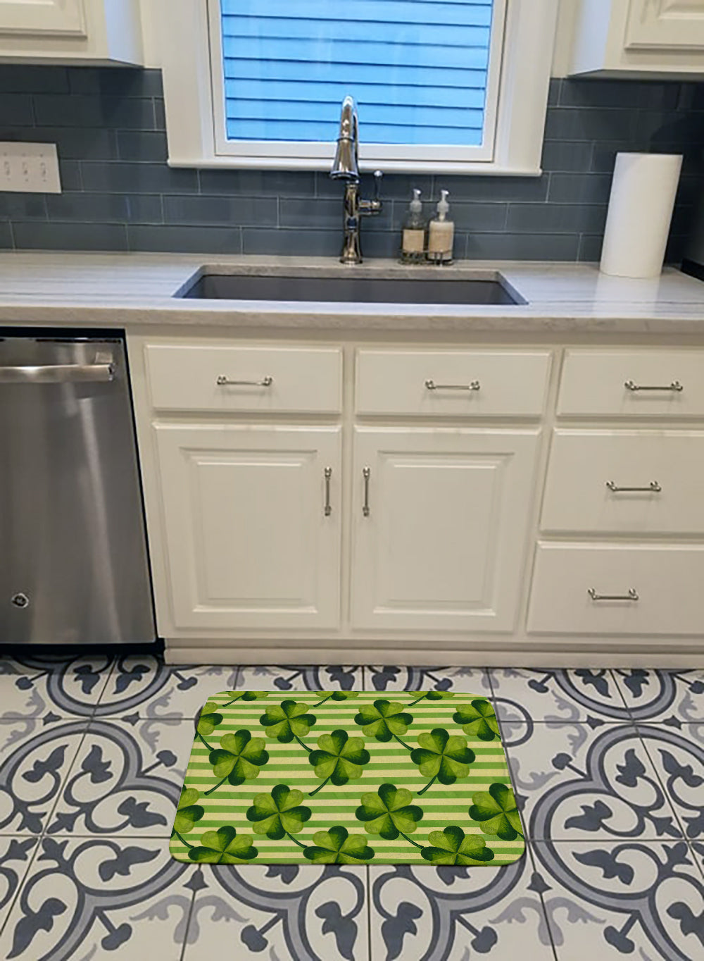 Watercolor Shamrock Stripes Memory Foam Kitchen Mat Machine Washable Anti-Fatigue Cushion Comfort Bath or Kitchen Rug