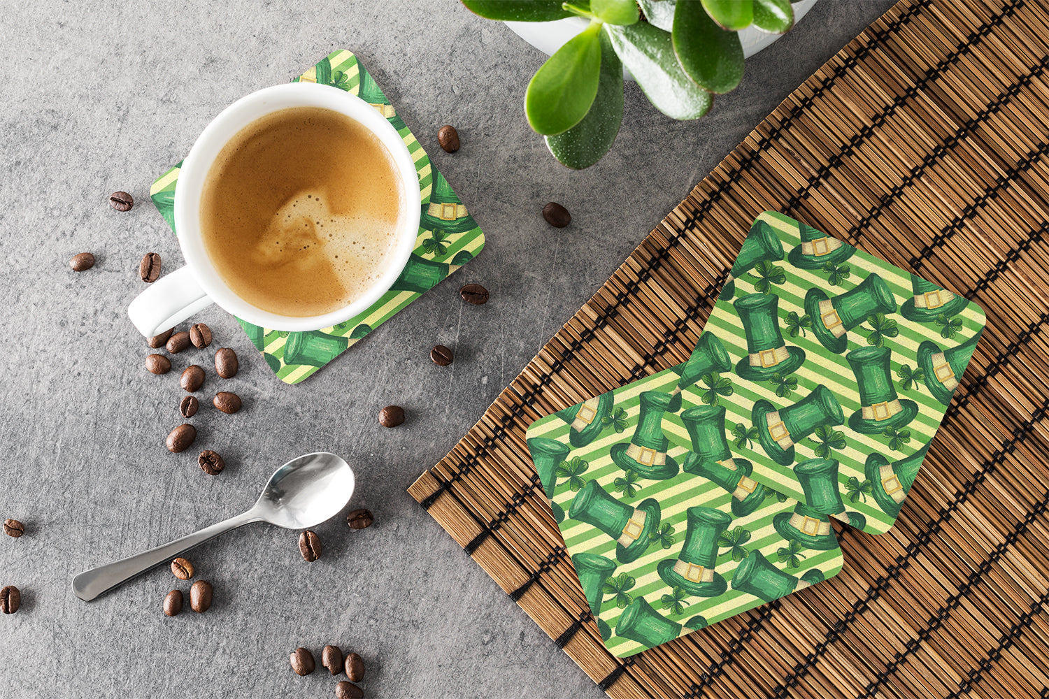Watercolor St Patrick's Day Leprechan Hat Foam Coasters Set of 4 Cup Coasters for Indoor Outdoor, Tabletop Protection, Anti Slip, Mouse pad Material