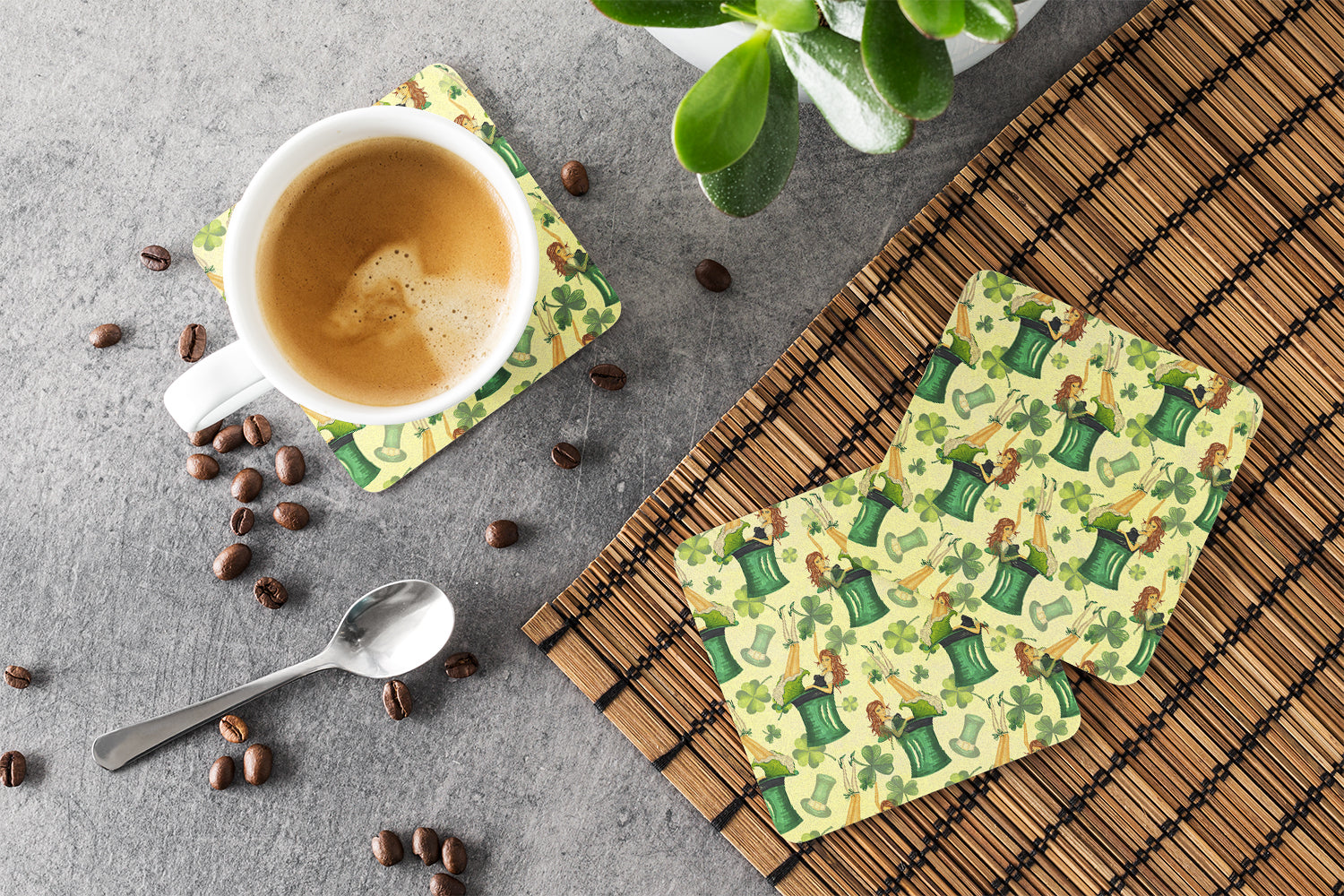 Watercolor St Patrick's Day Party Foam Coasters Set of 4 Cup Coasters for Indoor Outdoor, Tabletop Protection, Anti Slip, Mouse pad Material