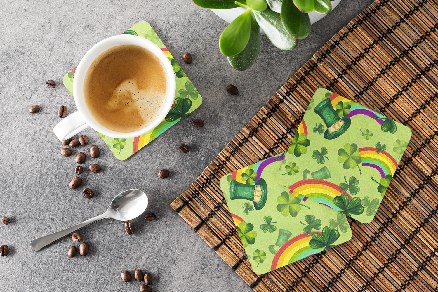 Watercolor St Patrick's Day Lucky Leprechan Foam Coasters Set of 4 Cup Coasters for Indoor Outdoor, Tabletop Protection, Anti Slip, Mouse pad Material