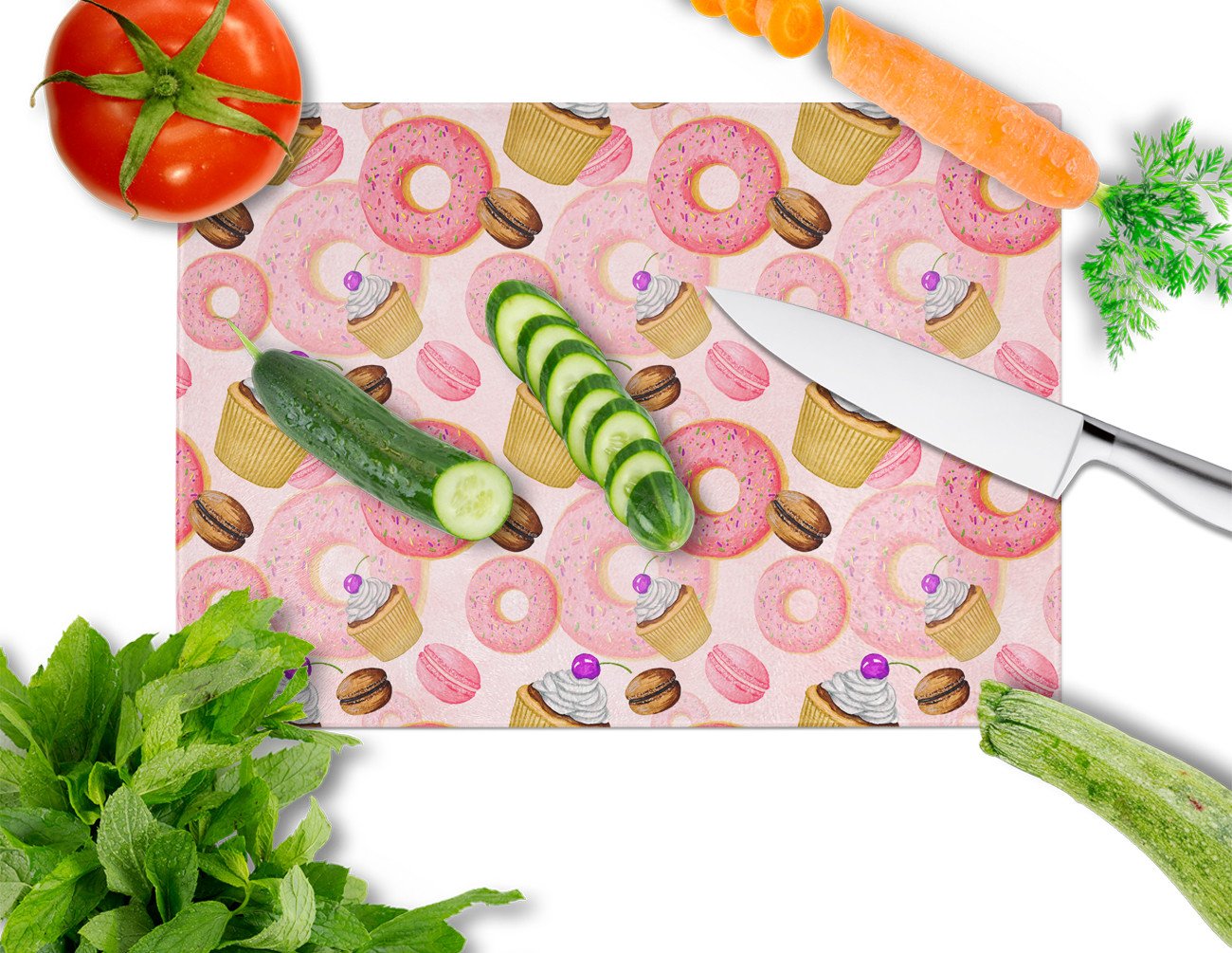 Watercolor Sweet Pastries Cutting Board Tempered Glass Kitchen Cutting Surface, Heat Resistant Chopping, Non-Slip Feet, Food Prep & Serving