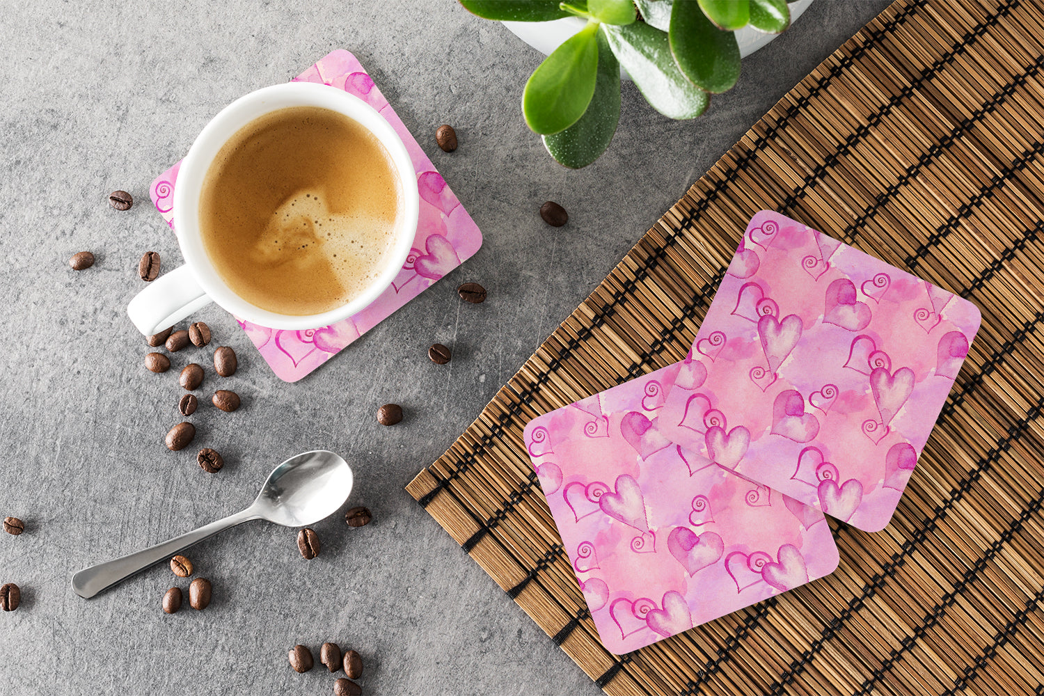 Watercolor Hot Pink Hearts Foam Coasters Set of 4 Cup Coasters for Indoor Outdoor, Tabletop Protection, Anti Slip, Mouse pad Material