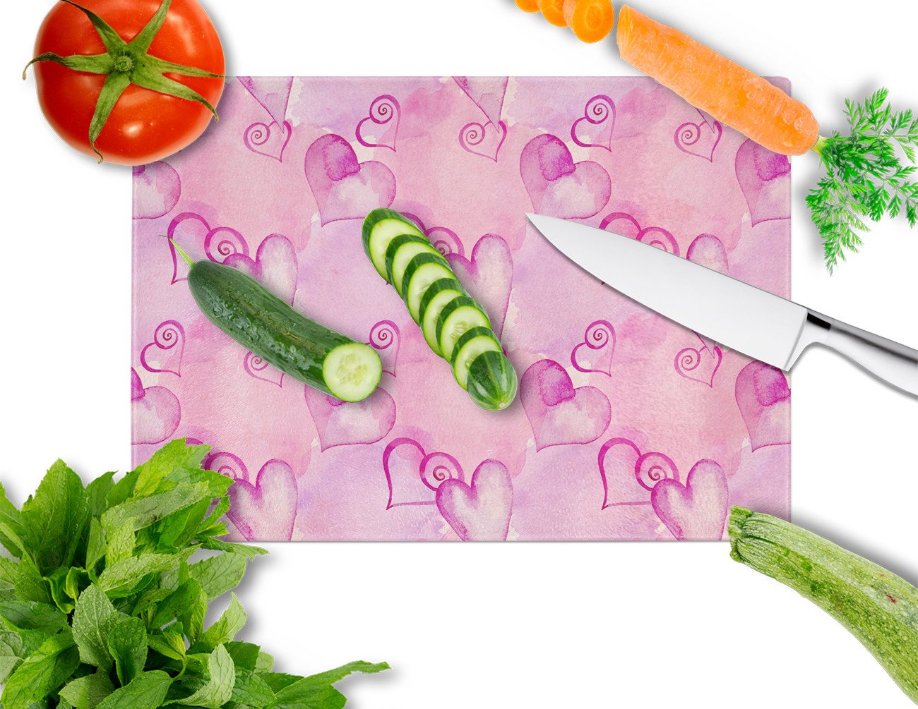 Watercolor Hot Pink Hearts Cutting Board Tempered Glass Kitchen Cutting Surface, Heat Resistant Chopping, Non-Slip Feet, Food Prep & Serving
