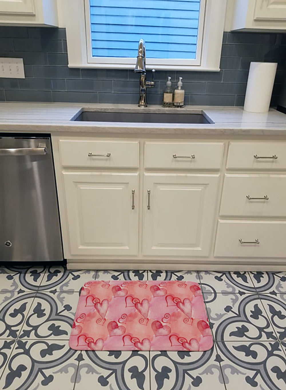 Watercolor Red Hearts Memory Foam Kitchen Mat Machine Washable Anti-Fatigue Cushion Comfort Bath or Kitchen Rug