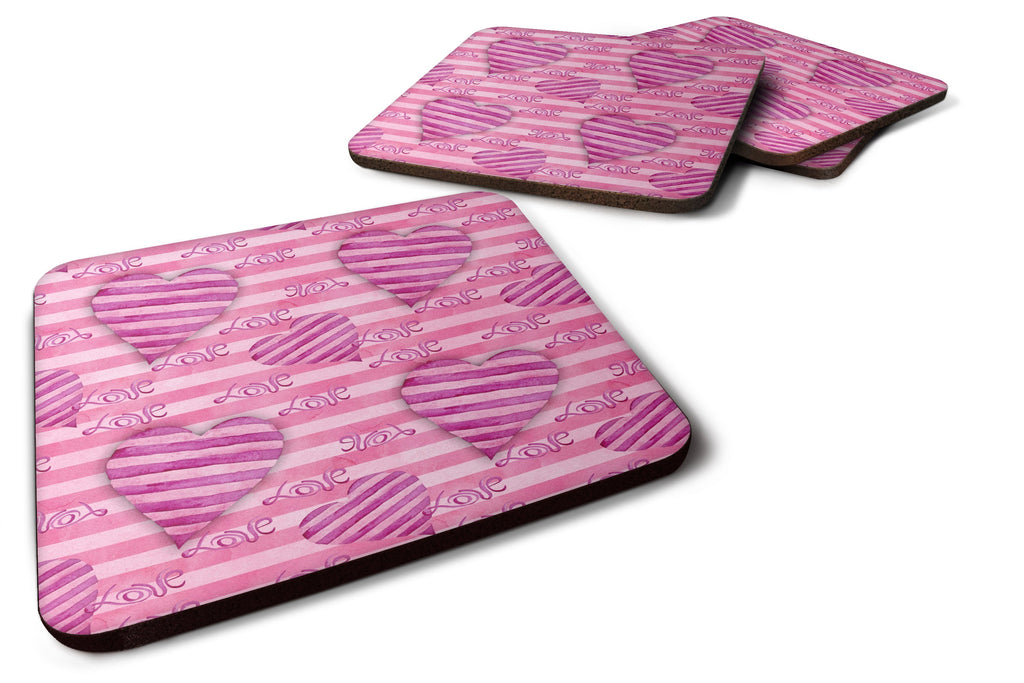 Watercolor Hot Pink Striped Hearts Foam Coasters Set of 4 Cup Coasters for Indoor Outdoor, Tabletop Protection, Anti Slip, Mouse pad Material
