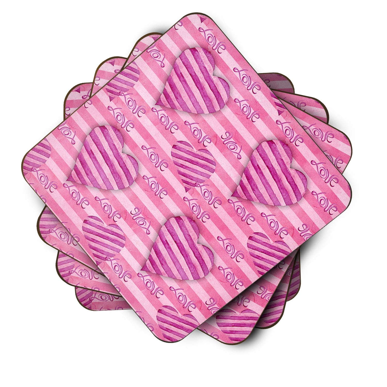 Watercolor Hot Pink Striped Hearts Foam Coasters Set of 4 Cup Coasters for Indoor Outdoor, Tabletop Protection, Anti Slip, Mouse pad Material
