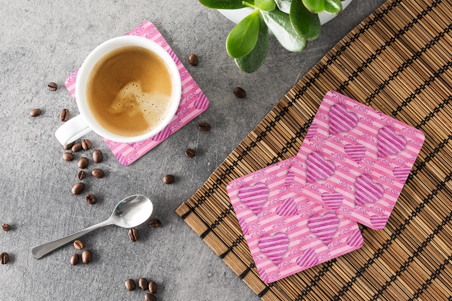 Watercolor Hot Pink Striped Hearts Foam Coasters Set of 4 Cup Coasters for Indoor Outdoor, Tabletop Protection, Anti Slip, Mouse pad Material