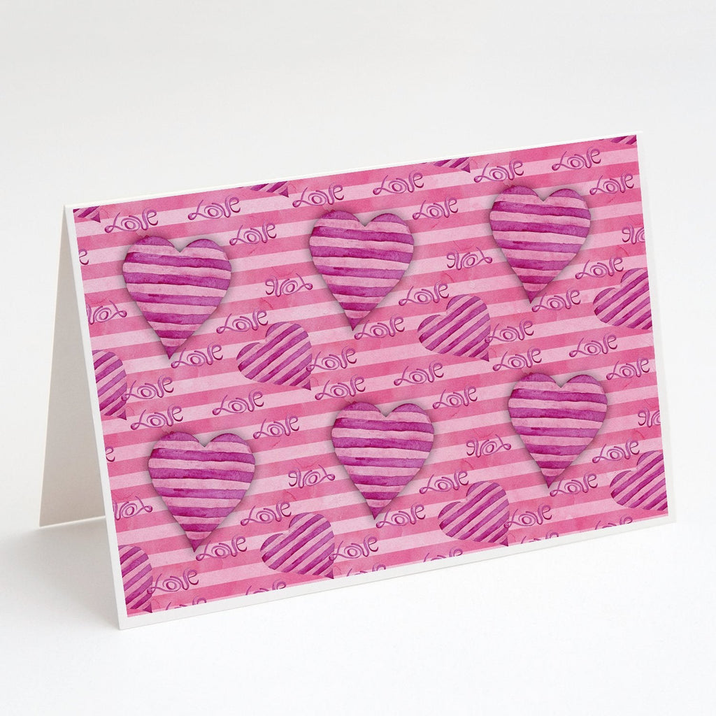 Watercolor Hot Pink Striped Hearts Greeting Cards Pack of 8 Blank Cards with Envelopes Whimsical A7 Size 5x7