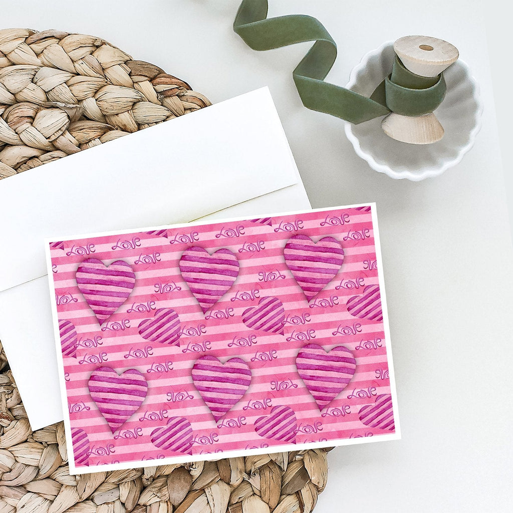 Watercolor Hot Pink Striped Hearts Greeting Cards Pack of 8 Blank Cards with Envelopes Whimsical A7 Size 5x7