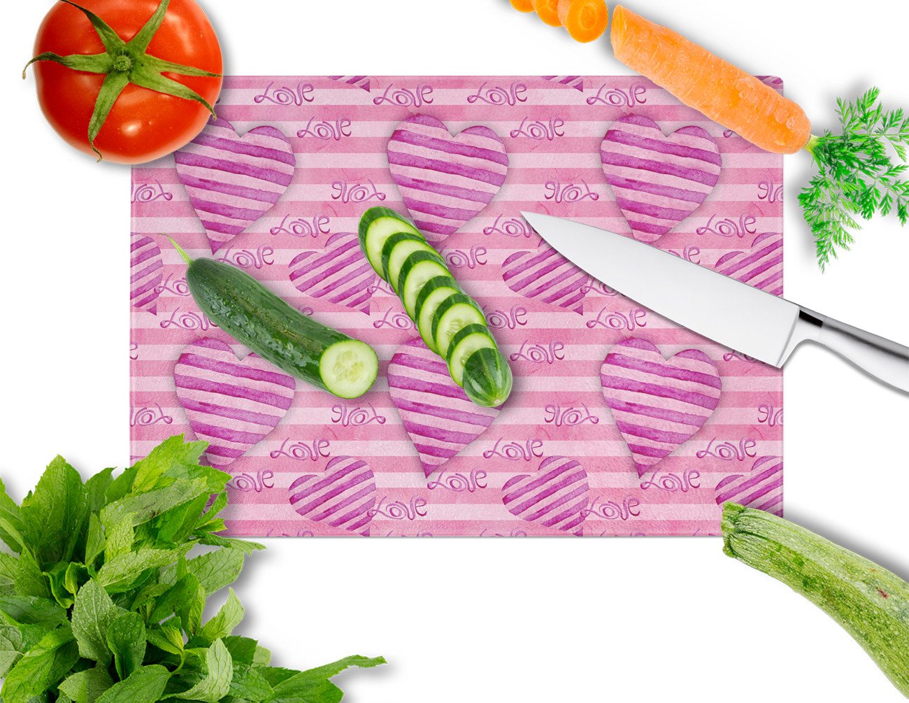 Watercolor Hot Pink Striped Hearts Cutting Board Tempered Glass Kitchen Cutting Surface, Heat Resistant Chopping, Non-Slip Feet, Food Prep & Serving