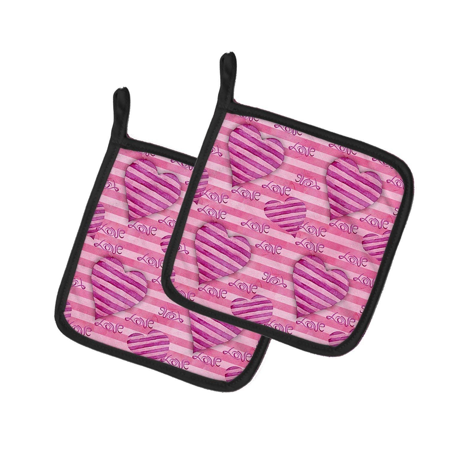 Watercolor Hot Pink Striped Hearts Pot Holder Set of 2 Heat Resistant Quilted Hot Pads 7.5 x 7.5 Inch, Insulated Kitchen Trivets for Cooking & Baking