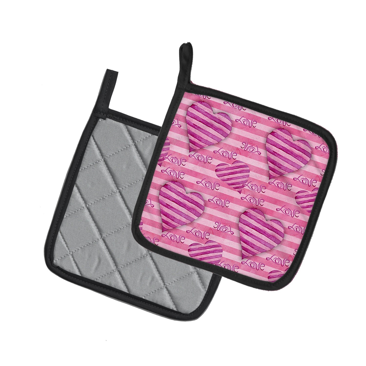 Watercolor Hot Pink Striped Hearts Pot Holder Set of 2 Heat Resistant Quilted Hot Pads 7.5 x 7.5 Inch, Insulated Kitchen Trivets for Cooking & Baking