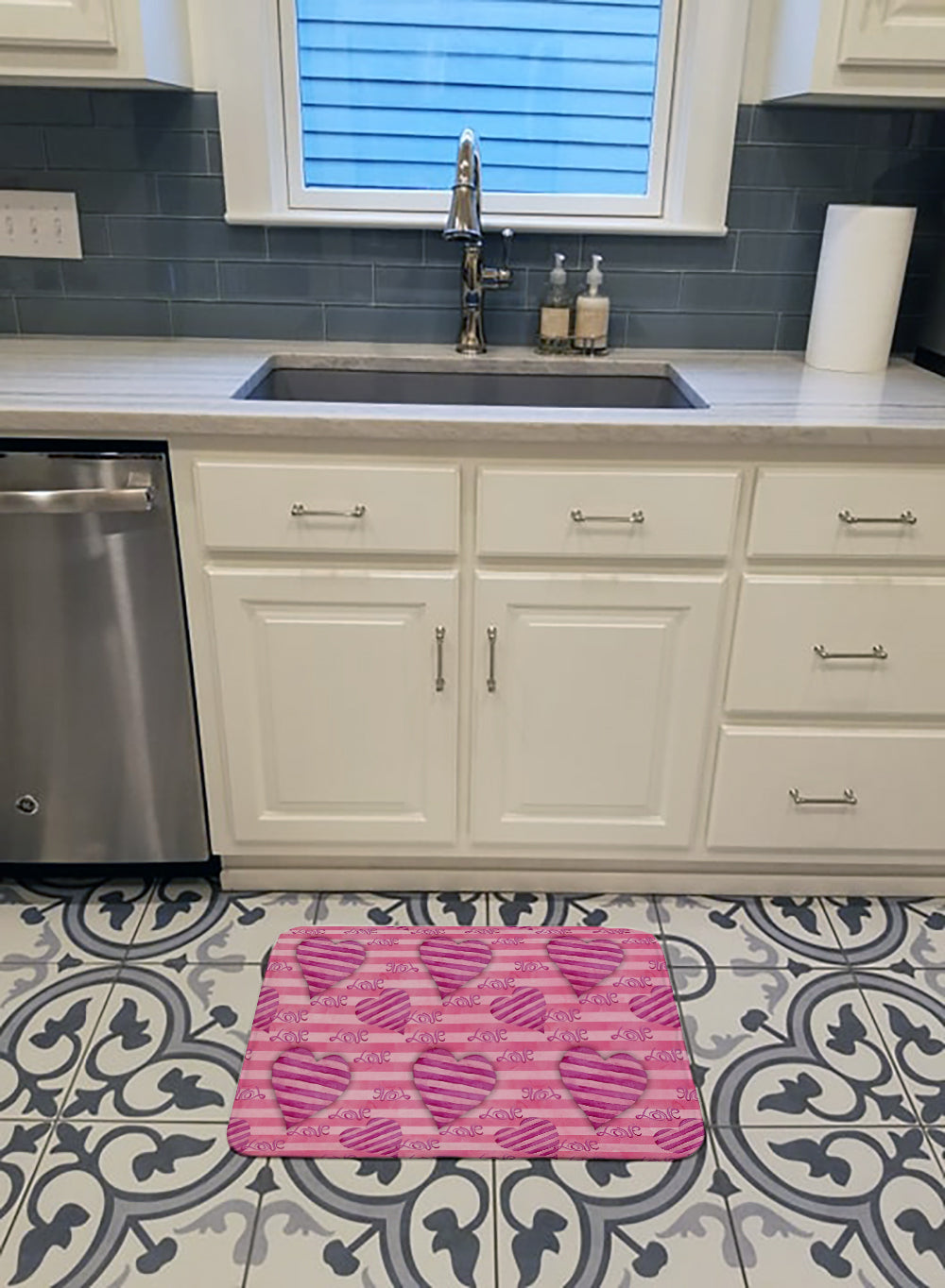 Watercolor Hot Pink Striped Hearts Memory Foam Kitchen Mat Machine Washable Anti-Fatigue Cushion Comfort Bath or Kitchen Rug