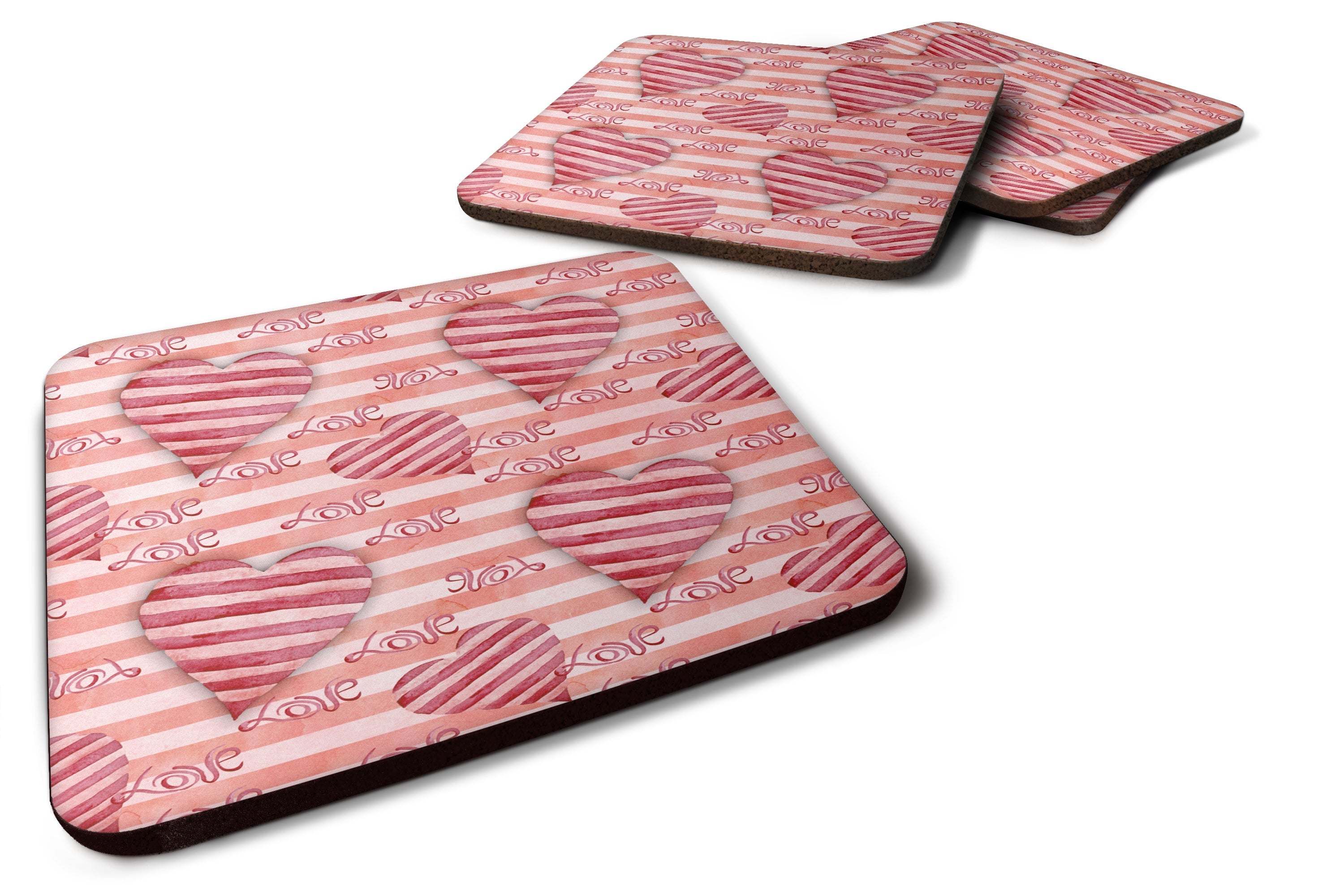 Watercolor Red Striped Hearts Foam Coasters Set of 4 Cup Coasters for Indoor Outdoor, Tabletop Protection, Anti Slip, Mouse pad Material
