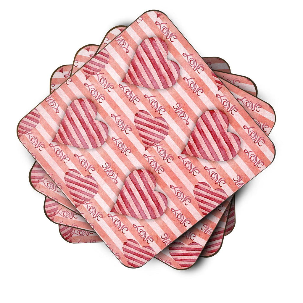 Watercolor Red Striped Hearts Foam Coasters Set of 4 Cup Coasters for Indoor Outdoor, Tabletop Protection, Anti Slip, Mouse pad Material