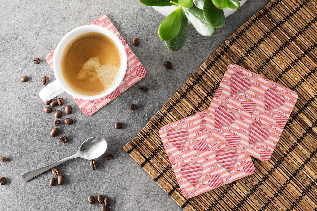 Watercolor Red Striped Hearts Foam Coasters Set of 4 Cup Coasters for Indoor Outdoor, Tabletop Protection, Anti Slip, Mouse pad Material