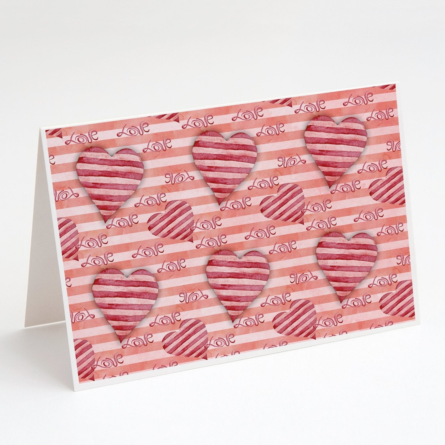 Watercolor Red Striped Hearts Greeting Cards Pack of 8 Blank Cards with Envelopes Whimsical A7 Size 5x7