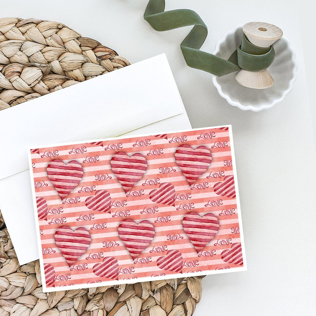 Watercolor Red Striped Hearts Greeting Cards Pack of 8 Blank Cards with Envelopes Whimsical A7 Size 5x7