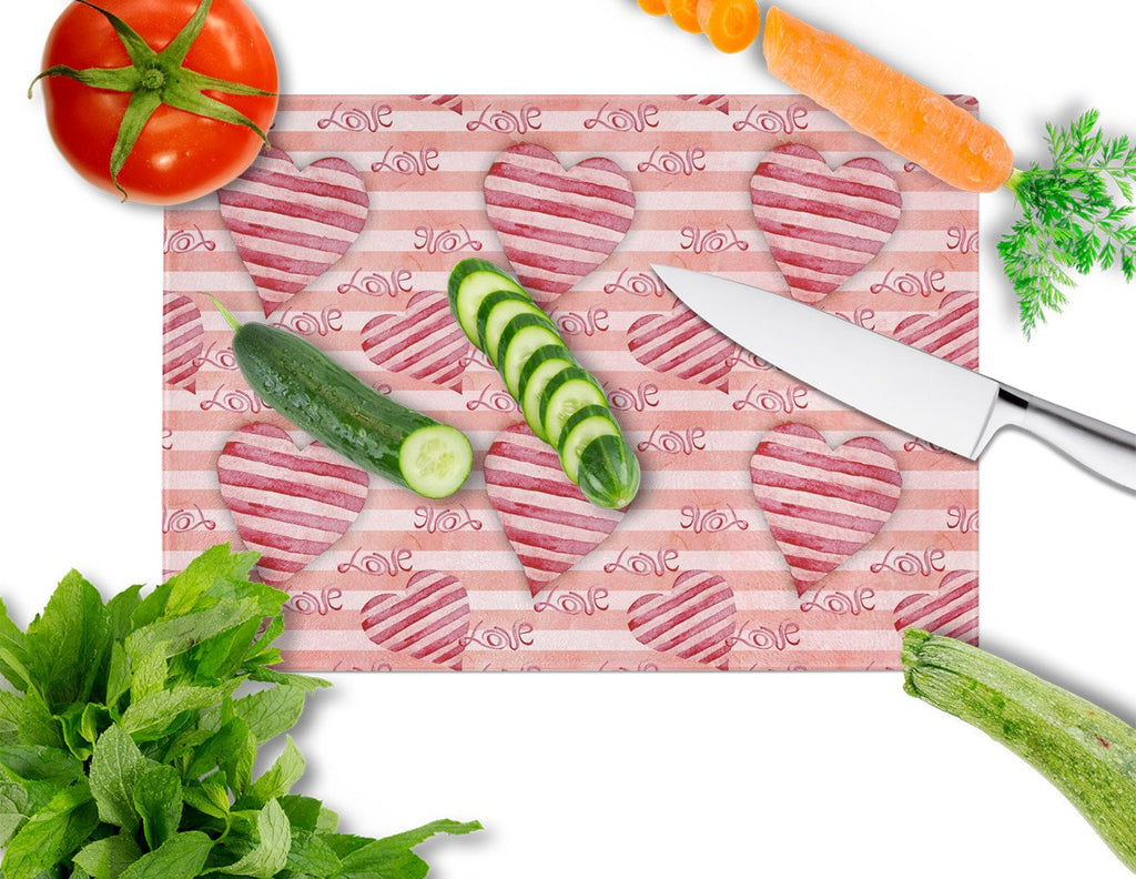 Watercolor Red Striped Hearts Cutting Board Tempered Glass Kitchen Cutting Surface, Heat Resistant Chopping, Non-Slip Feet, Food Prep & Serving