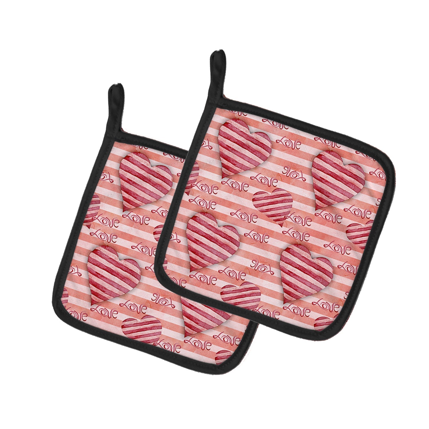 Watercolor Red Striped Hearts Pot Holder Set of 2 Heat Resistant Quilted Hot Pads 7.5 x 7.5 Inch, Insulated Kitchen Trivets for Cooking & Baking