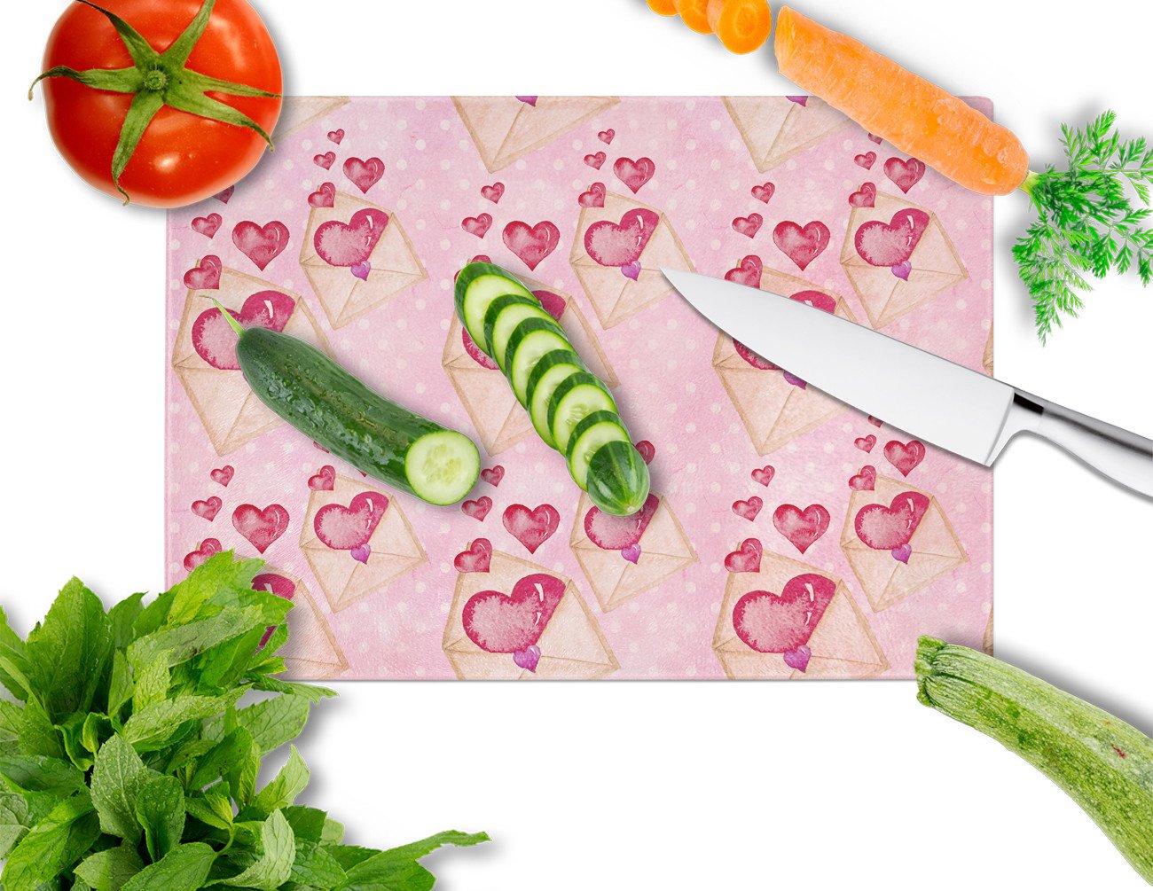 Watercolor Pink Love Letter Cutting Board Tempered Glass Kitchen Cutting Surface, Heat Resistant Chopping, Non-Slip Feet, Food Prep & Serving