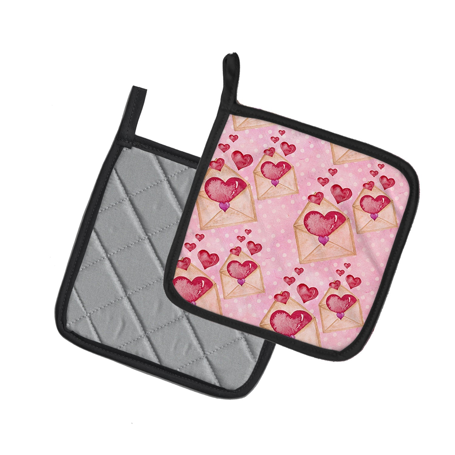 Watercolor Pink Love Letter Pot Holder Set of 2 Heat Resistant Quilted Hot Pads 7.5 x 7.5 Inch, Insulated Kitchen Trivets for Cooking & Baking