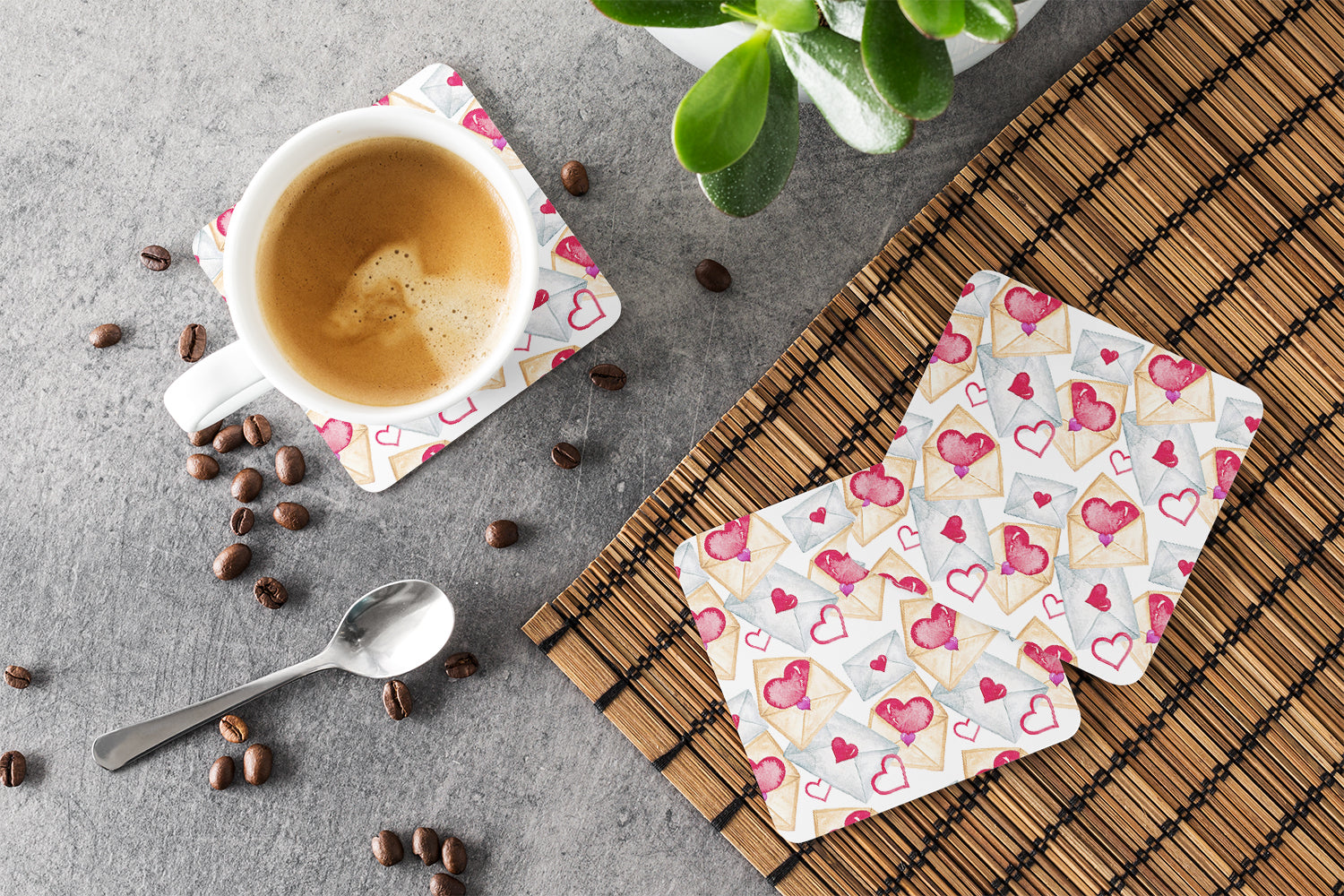 Watercolor Love Letters Foam Coasters Set of 4 Cup Coasters for Indoor Outdoor, Tabletop Protection, Anti Slip, Mouse pad Material