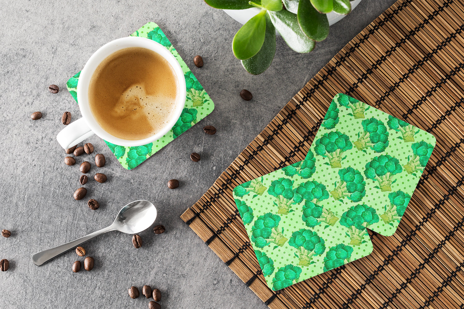 Watercolor Broccoli Foam Coasters Set of 4 Cup Coasters for Indoor Outdoor, Tabletop Protection, Anti Slip, Mouse pad Material
