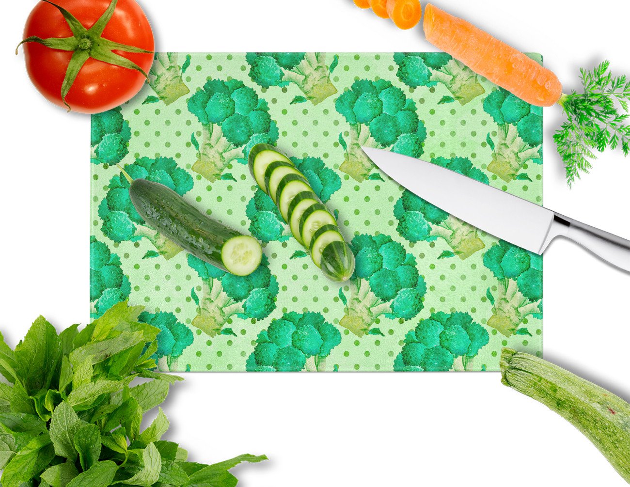 Watercolor Broccoli Cutting Board Tempered Glass Kitchen Cutting Surface, Heat Resistant Chopping, Non-Slip Feet, Food Prep & Serving
