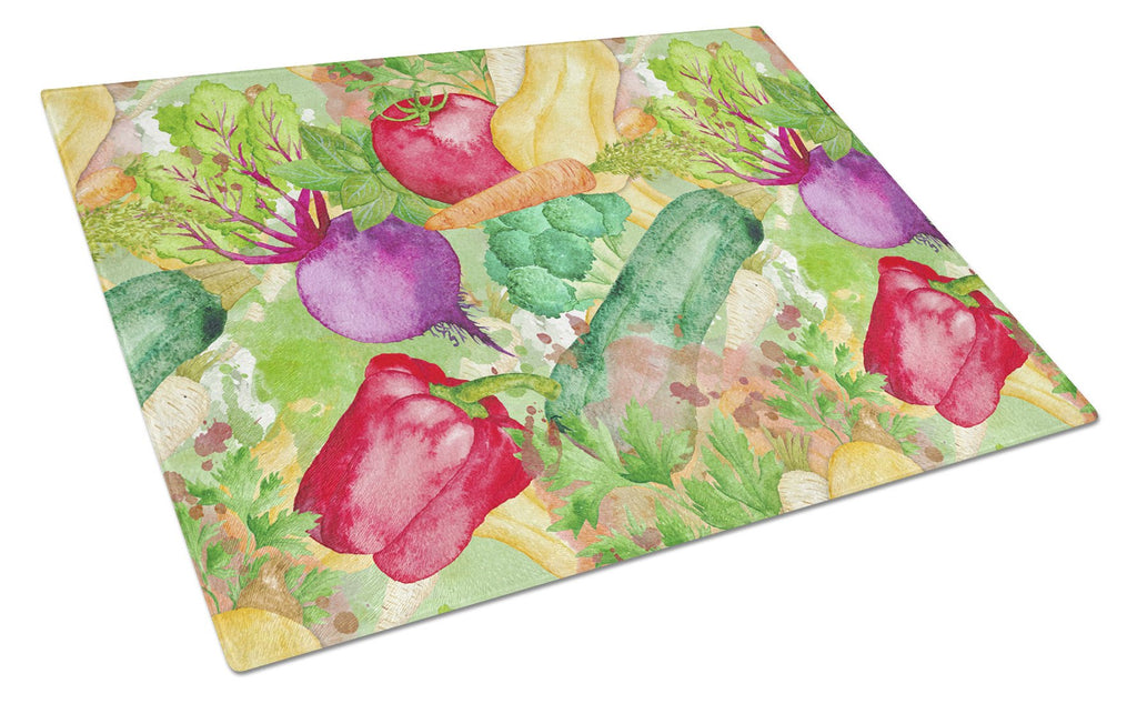 Watercolor Vegetables Farm to Table Cutting Board Tempered Glass Kitchen Cutting Surface, Heat Resistant Chopping, Non-Slip Feet, Food Prep & Serving