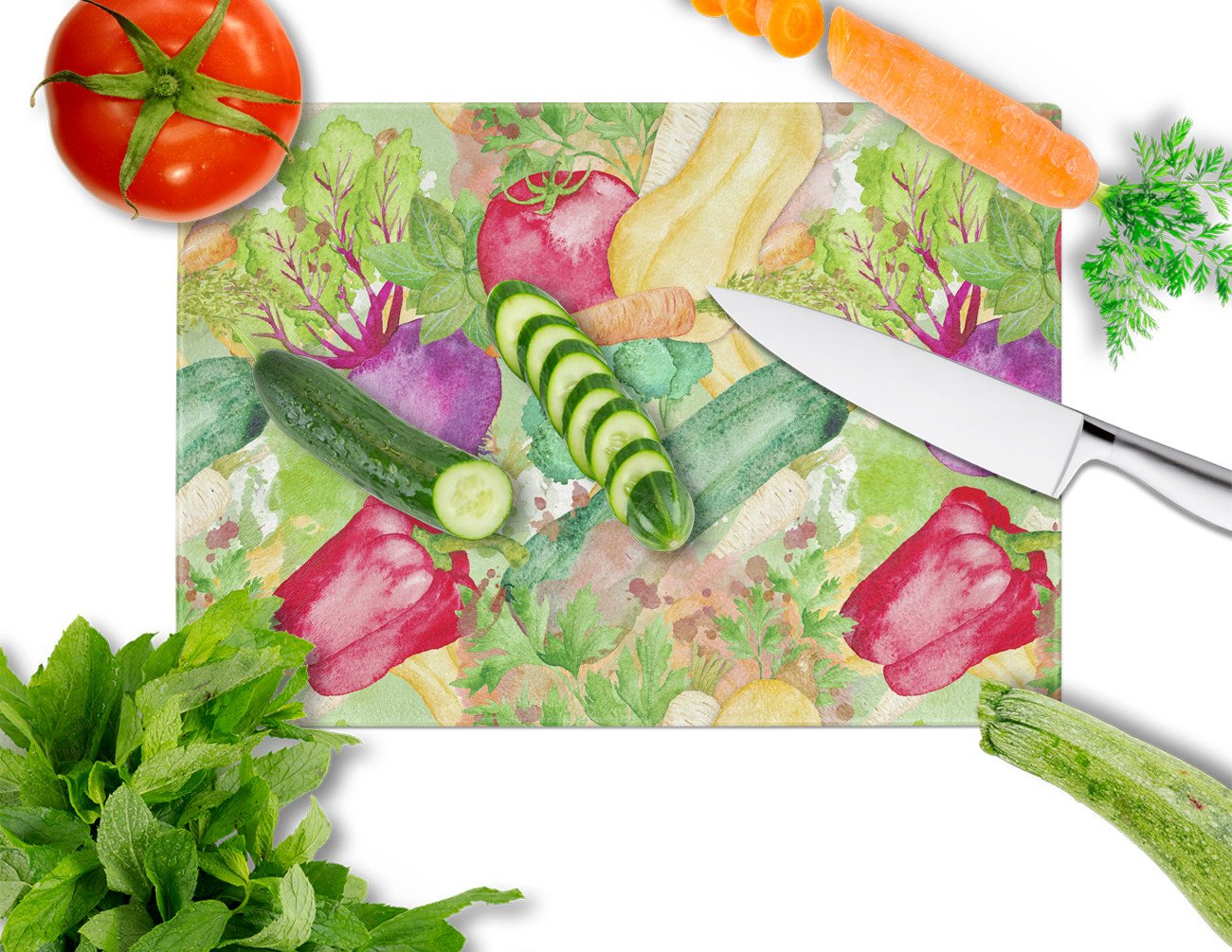 Watercolor Vegetables Farm to Table Cutting Board Tempered Glass Kitchen Cutting Surface, Heat Resistant Chopping, Non-Slip Feet, Food Prep & Serving